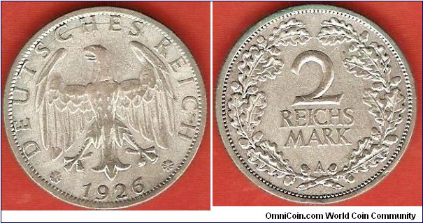 Weimar Republic
2 mark
Berlin Mint
0.500 silver