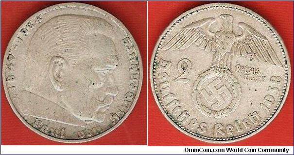 Third Reich
2 mark
Paul von Hindenburg
eagle with swastika
Muldenhutten Mint
0.625 silver