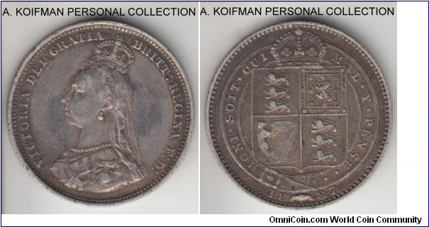 KM-761, 1887 Great Britain shilling; silver, reeded edge; Victoria small veiled bust; Davies 1 + C variety, decent good very fine to extra fine.