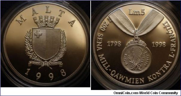 LM5 200th Anniversary of the Revolt against the French, Silver 0.925, 38.61mm 28.28g, Coin design: Mr. Noel Galea Bason, Minted by the Royal Mint UK, Mintage: 5000