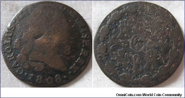 1808 8 Maravedis coin, nice details in spots, obcerse especially, reverse has suffered slightly.