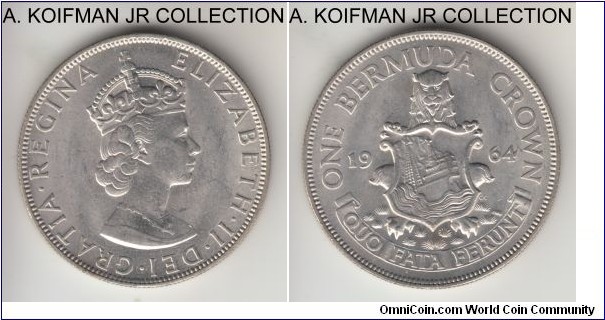 KM-14, 1964 Bermuda crown; silver, reeded edge; Elizabeth II, average uncirculated.