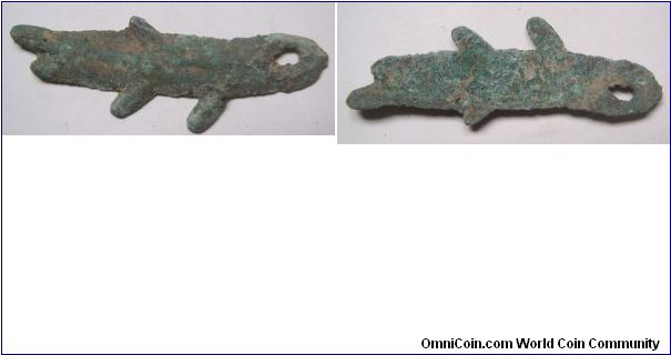 Antiuqe fish coin C variety,Zhou dynasty,
it has 62mm diameter,weight 9.2g.