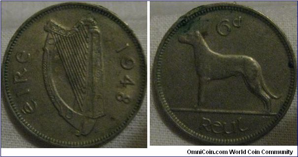 800,000 minted, 1948 EF 6D from ireland, good grade, with faint lustre low mintage coin like most irish 6D