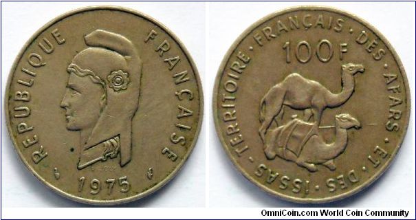 100 francs.
1975, French Territory of the Afars and the Issas.
