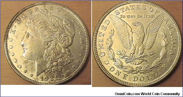 1921 Morgan Silver Dollar .9000 Silver, .7736oz ASW, AU-50