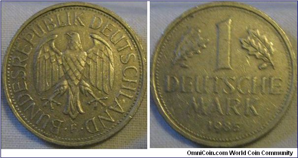 EF 1985 F deutsche mark, one of the latter issues which was slightly differant in weight to earlier ones, also noticable on obverse, the detail is not as deep.