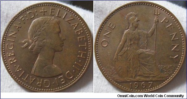 EF lustrous 1967 penny, hard to acctually know the true date as they were minted with the same date all the way through to 1970