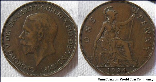 VF 1934 penny, 13,965,600 minted, so a scarser date and an above average condition, nice streaky colouration on obverse adds to the coin