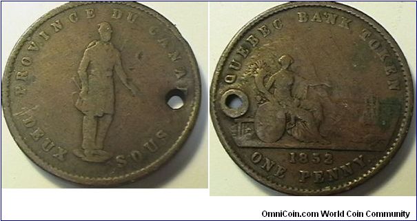 1 Penny (2 Sous) Bank Token, Bronze, holed