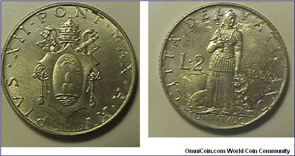 2 Lire, Pius XII, year 15, Aluminum