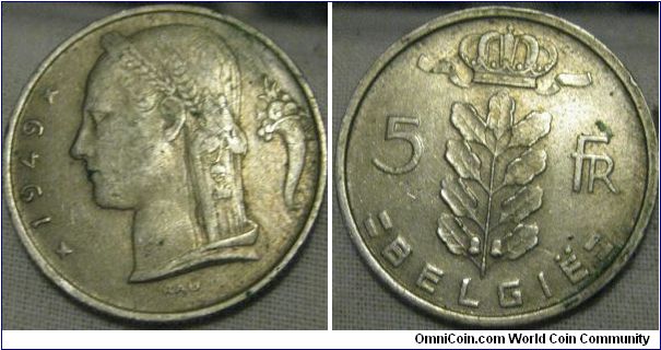 belgium 5 francs EF 1949, nice grade for the year, as you can see the fruits and crown still have the easy wearing details