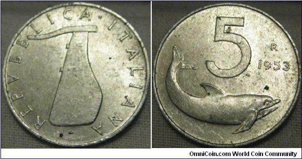EF 1953 5 lira, this design of coin was only in run for 5 years (51-56) this is a very nice example considering the date and metal used