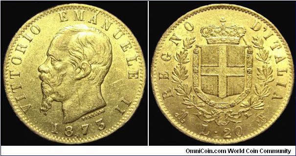 Italy - 20 Lire - 1873 - Goldcoin Au 0,900 - Au 0,1866 Troy Ounce - Weight 6,45 gr - Size 21 mm - Mintage 1 018 033 - Regent / Vittorio Emanuele II - Engraver / Ferrars - The Edge : Grained - Reference KM# 10 (1861-1878)
