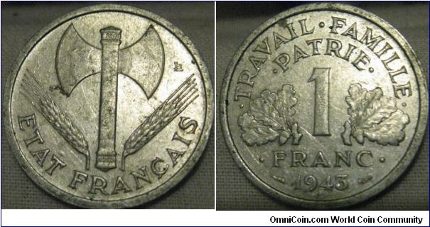 1943 franc, VF/EF grade, detail on the axe faded, but lustrous