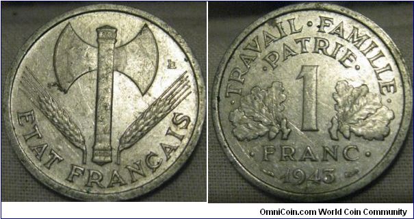 1943 franc, VF/EF grade, detail on the axe faded, but lustrous