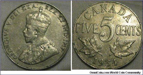 VF 5 cent, canada, some nice details remain but showing enoguh wear to only be VF