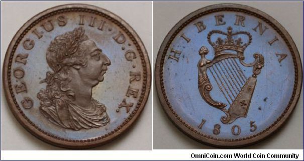 GEORGE III
Penny, 1805. KM-148.1 Proof penny in bronzed copper. Engrailed edge. Laureate old bust of King facing right. Reverse: Irish harp, date below, HIBERNIA above.
Mirrored Fields