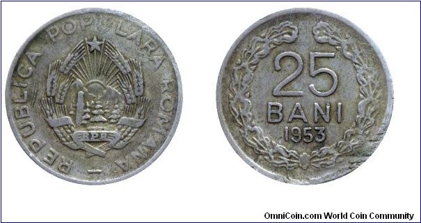 Romania, 25 bani, 1953, Cu-Ni, with star, People's Republic of Romania.                                                                                                                                                                                                                                                                                                                                                                                                                                             