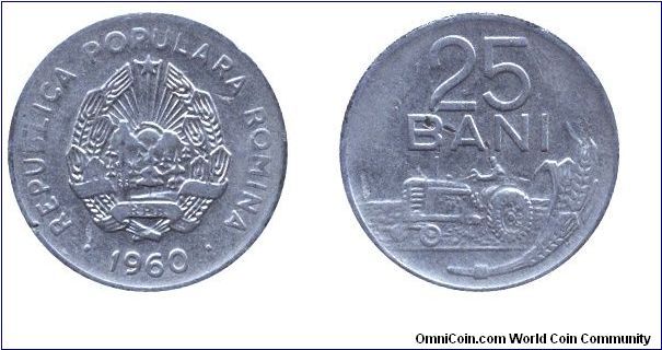 Romania, 25 bani, 1960, Ni-Steel, Tractor, People's Republic of Romania.                                                                                                                                                                                                                                                                                                                                                                                                                                            