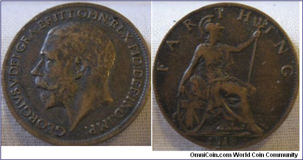 VF+ 1918 farthing, weak strike on reverse britannia looks more worn then she should, but the coin has VF+ details elsewhere on the coin