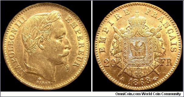 France - 20 Francs - 1868 - Goldcoin Au 0,900 - Au 0,1866 Troy Ounce - Weight 6,45 gr - Size 21 mm - Mintage 9 281 000 - Regent / Napoleon III -Engrave / Barre - The Edge inscribed with : Dieu Protege La France - Reference KM# 801 (1861-1870)