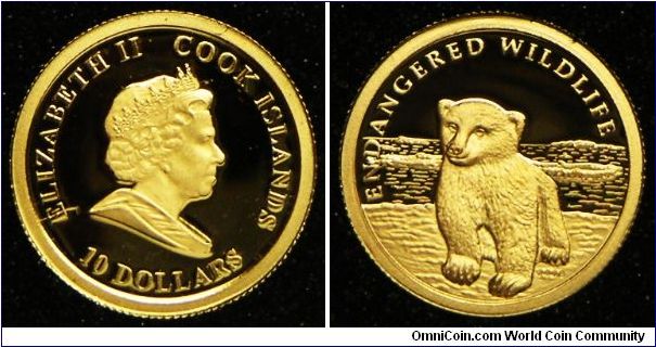 Cook Islands. 2008 Ice Bear. 10 Dollars Gold Coin. 99.99% Gold. Proof.
