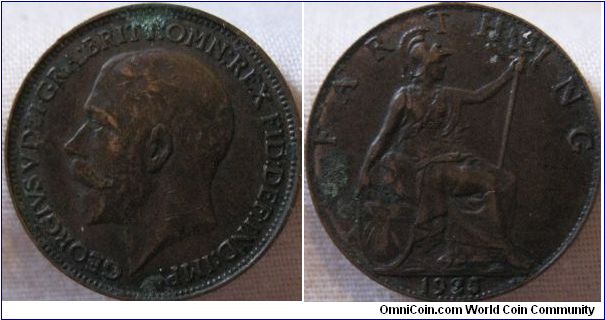 VF+ 1925 farthing, nice details but wear obvious on raised parts