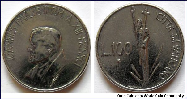 10 lire.
1991, Pontif. Joannes Paulus II