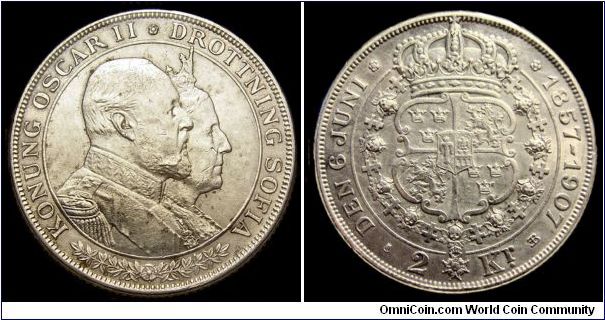 Sweden - 2 Kronor Jubilee - 1907 - Silvercoin Ag 0,800 - Ag 0,3858 Troy Ounce -  Weight 15 gr - Size 31 mm -Mintage 251 000 - Regent / Oscar II - Engraver / Adolf Lindberg - Edge : Reeded - Golden Wedding Anniversary - Referece KM# 776