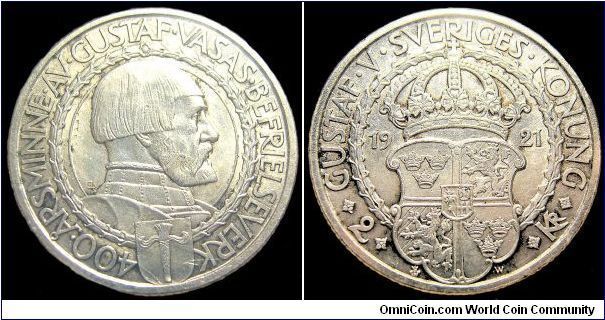 Sweden - 2 Kronor Jubilee - 1921 - Silvercoin Ag 0,800 - Ag 0,3858 Troy Ounce - Weight 15 gr - Size 31 mm - Mintage 265 943 - Minted in Stockholm / Sweden - Regent / Gustav V - Engraver / Erik Lindberg - Edge : Reeded - 400th Anniversary of Political Liberty - Reference KM# 799