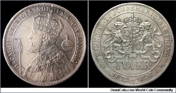 Sweden - 2 Kronor Jubilee - 1897 - Weight 15 gr -  Silvercoin Ag 0,800 - Ag 0,3858 Troy Ounce - Size 31 mm - Regent / Oscar II - Mintage 246 100 - Engraver / Adolf Lindberg - Minted in Stockholm / Sweden -  Edge : Reeded