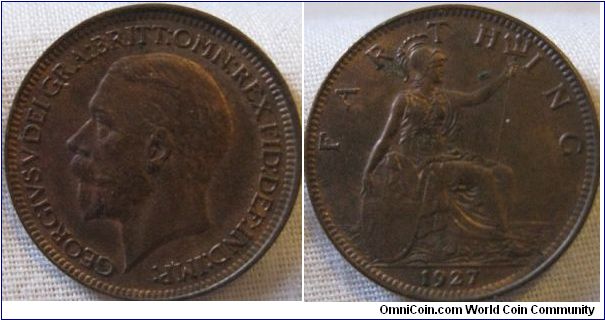 AUNC 1927 farthing, lustre has dulled to make the coin an orange colour, other then that limited if any signs of circulation wear
