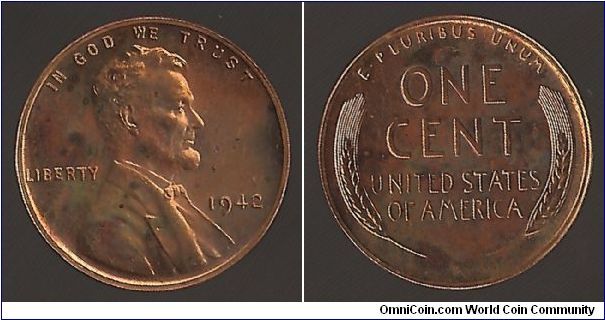 Proof One Cent.  A little discoloured and a spot in front of Lincoln's nose, in centre of field.  Struck through string(?) on upper portion of reverse.  Mintage 32,600.
