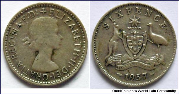 6 pence.
1957, Elizabeth II