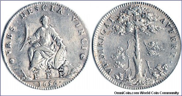 A difficult to find silver jeton issued for the town of Peronne, Picardie, France in 1656. UFOlogists will note that the allegorical `Peronne' has her left arm resting on her pet UFO.