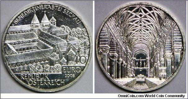 Austria, 2008 Benediktinerabtei 10 Euro. 92.5% silver. PROOF.