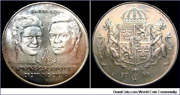 Sweden - 50 Kronor Jubilee - 1976 - Weigt 27 gr- Silvercoin Ag 0,925 - Ag 0,8029 Troy Ounce - Size 36 mm - Regent / Carl XVI Gustaf - Mintage 2 000 000 - Engraver / Leo Holmgren - Minted in Eskilstuna / Sweden - Wedding of King Carl XVI Gustaf and Queen Silvia - Reference KM# 854