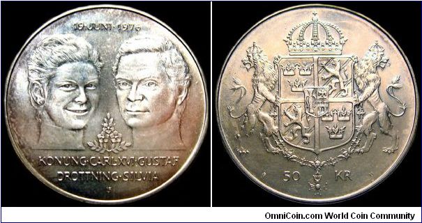 Sweden - 50 Kronor Jubilee - 1976 - Weigt 27 gr- Silvercoin Ag 0,925 - Ag 0,8029 Troy Ounce - Size 36 mm - Regent / Carl XVI Gustaf - Mintage 2 000 000 - Engraver / Leo Holmgren - Minted in Eskilstuna / Sweden - Wedding of King Carl XVI Gustaf and Queen Silvia - Reference KM# 854