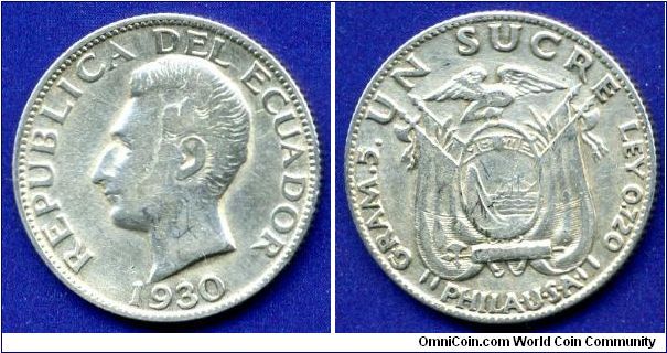 1 Sucre.
Republica Del Ecuador.
*PHILA.U.S.A.* Philadelfia mint.
Mintage 400,000 units.


Ag720f. 5,0gr.