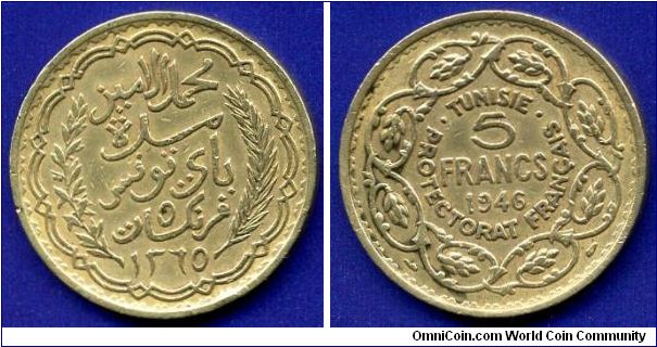 5 Francs.
Tunisie, Protectorat Francais.
Mintage 10,000,000 units.


Al-Br.