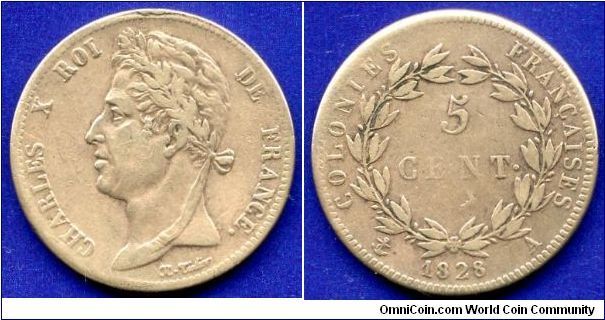 5 centimes.
Charles X Roi De France.
*COLONIES FRANCAISES*.
'A' - Paris mint.
Mintage 501,000 units.


Cu.
