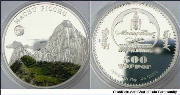 Mongolia, 2008 Machu Picchu 500 Tugrik Colour Silver Coin. 92.5% silver. Mintage: 2,500 pcs. PROOF.