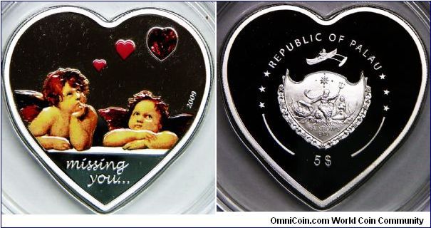 Republic of Palau. 2009 Enchase Crystal (Swarovski cyrstal) 5 Dollors Colour Heart Silver Coin. 25g, 99.9% silver. Mintage: 2,500 pcs. PROOF.