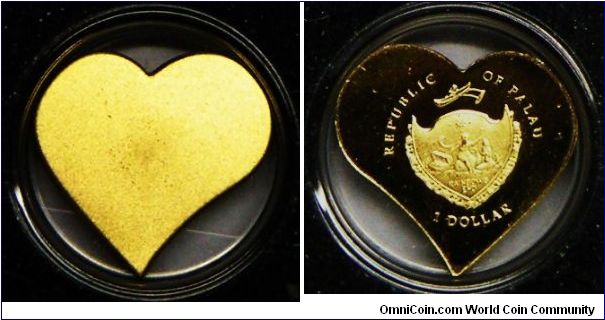 Republic of Palau. 2008 Everlasting Love Dollar Gold Heart Coin. 99.99% Gold. PROOF.