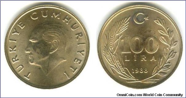 100 lira 1988, narrow design features on reverse, wide numerals in denomination.