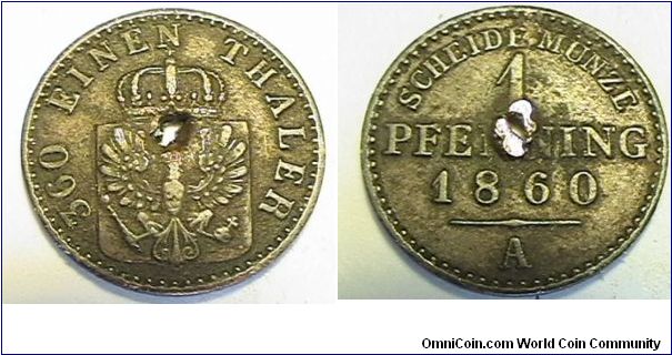 1860-A (Berlin mint) German State Prussia 1 Pfennig, Copper, hole in center