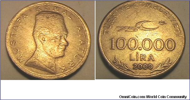 100,000 Lira, 75th Anniversary of the Republic, Copper-nickel-zinc