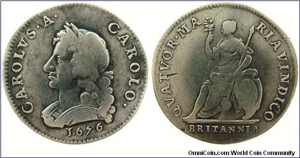 Charles II, Pattern Farthing, 1676, struck in silver on a 26mm flan, long-haired laureate and cuirassed bust left, date below, toothed border both sides, CAROLVS.A.CAROLO., rev struck en medaille Britannia seated left with loose drapery, with shield, spear and spray of leaves, double exergue line, BRITANNIA below, legend QVATVOR.MARIA.VINDICO., edge plain (Peck *492). 5.85g. Note: post-1672 patterns are rare. For detail, please see my blog article 51.