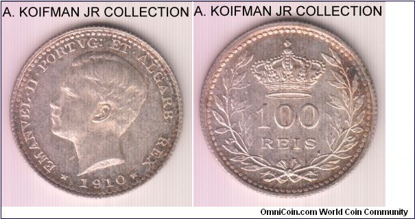 KM-548, 1910 Portugal 100 reis; silver, reeded edge; Manuel II, nice bright extra fine to almost uncirculated specimen, does not look cleaned, light wear on King's hair and reverse toning as seen.